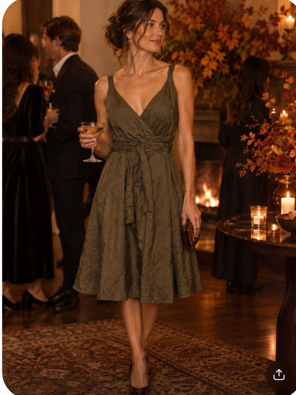 Eileen Fisher Faux Wrap Tie Front Surplice Dress in Olive